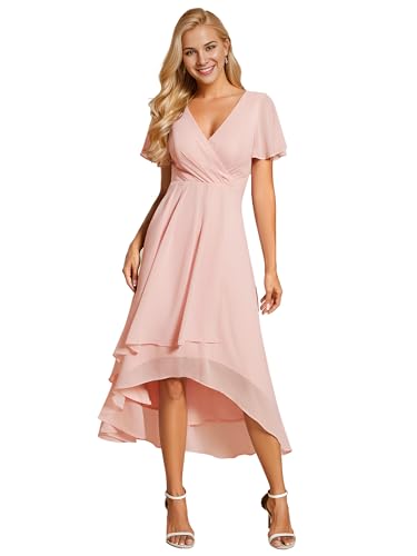 Ever-Pretty Brautjungfernkleid Asymmetrisches High Low A-Linie Chiffon V Ausschnitt Elegantes Damenkleid Rosa 38 von Ever-Pretty