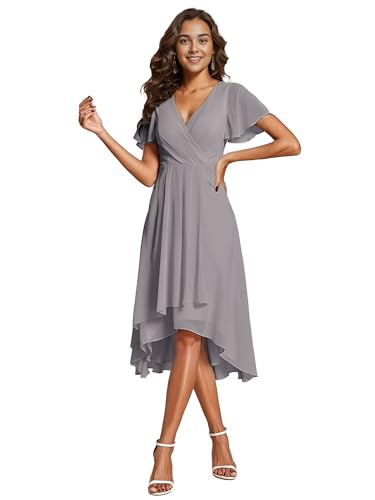 Ever-Pretty Brautjungfernkleid Asymmetrisches High Low A-Linie V Ausschnitt Rüschenärmel Elegante Ballkleid Grau 40 von Ever-Pretty