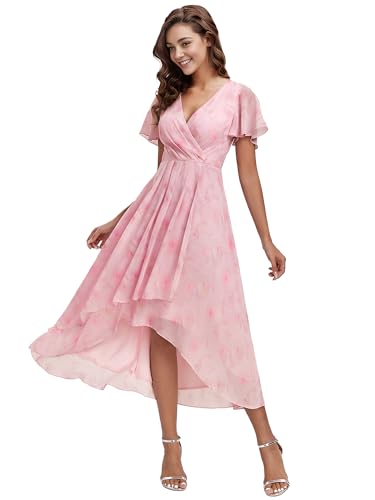 Ever-Pretty Brautjungfernkleid Asymmetrisches High Low A-Linie V Ausschnitt Rüschenärmel Elegante Ballkleid Hellviolett Rosa 50 von Ever-Pretty
