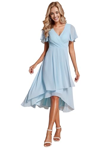 Ever-Pretty Brautjungfernkleid Asymmetrisches High Low A-Linie V Ausschnitt Rüschenärmel Elegante Ballkleid Himmelblau 46 von Ever-Pretty