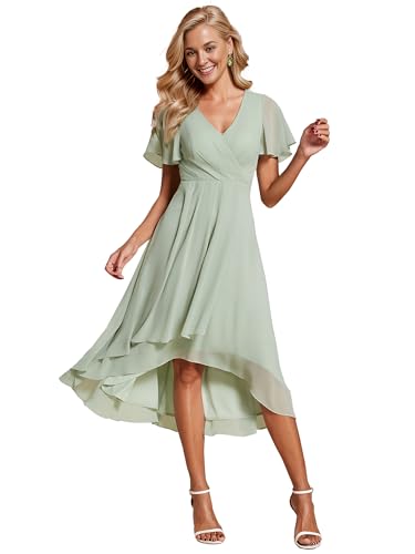 Ever-Pretty Brautjungfernkleid Asymmetrisches High Low A-Linie V Ausschnitt Rüschenärmel Elegante Ballkleid Minzgrün 50 von Ever-Pretty