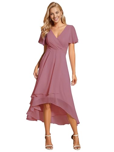 Ever-Pretty Brautjungfernkleid Asymmetrisches High Low A-Linie V Ausschnitt Rüschenärmel Elegante Ballkleid Orchidee 36 von Ever-Pretty