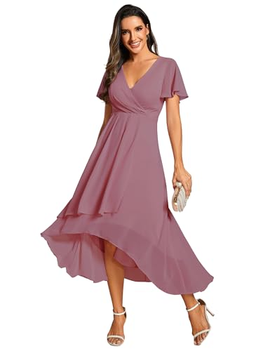 Ever-Pretty Brautjungfernkleid Asymmetrisches High Low A-Linie V Ausschnitt Rüschenärmel Elegante Ballkleid Orchidee 38 von Ever-Pretty