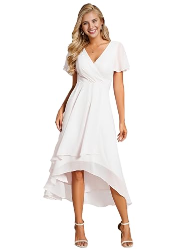 Ever-Pretty Brautjungfernkleid Asymmetrisches High Low A-Linie V Ausschnitt Rüschenärmel Elegante Ballkleid Weiß 40 von Ever-Pretty