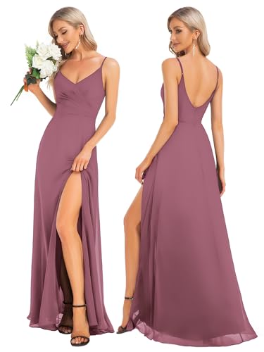 Ever-Pretty Brautjungfernkleid Lang Damen Chiffon V-Ausschnitt mit Seitenschlitz Elegantes Abendkleid für Hochzeit Orchidee 42 von Ever-Pretty