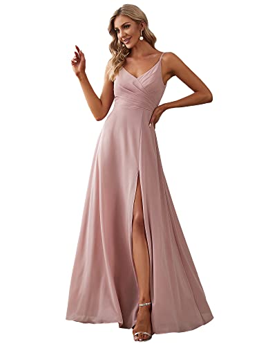 Ever-Pretty Brautjungfernkleid Lang Damen Chiffon V-Ausschnitt mit Seitenschlitz Elegantes Abendkleid für Hochzeit Staubige Rose 38 von Ever-Pretty