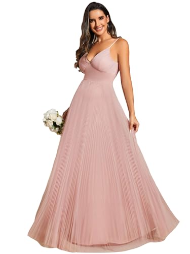 Ever-Pretty Brautjungfernkleider V-Ausschnitt Empire-Stil Tüll Ärmellos Chic und Elegante Zeremonie Kleider ES02069-P, Rosa, 42 von Ever-Pretty