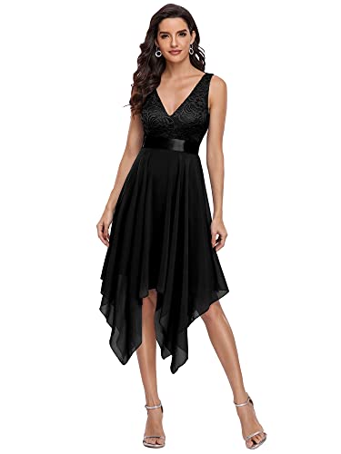 Ever-Pretty Cocktailkleid, asymmetrisch, knielang, Damen, Doppel-V-Ausschnitt, ärmellos, aus Spitze, Chiffon, 0207, Schwarz , 36 von Ever-Pretty