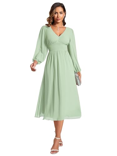 Ever-Pretty Cocktailkleid Elegant für Hochzeit Knielang A-Line Abendkleider Damen Langarm Festliche Kleider Minzgrün 36 von Ever-Pretty