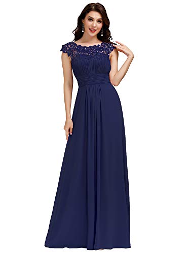 Ever-Pretty Damen A-Linie Abendkleid Spitze Frauen Ballkleid Rundkragen Chiffon Lange Navy Blau 40 von Ever-Pretty