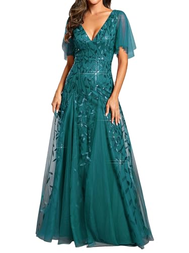 Ever-Pretty Damen A-Linie Abendkleider V-Ausschnitt Romantisches Kurze Ärmel Elegant Partykleid Lang Blaugrün 42 von Ever-Pretty