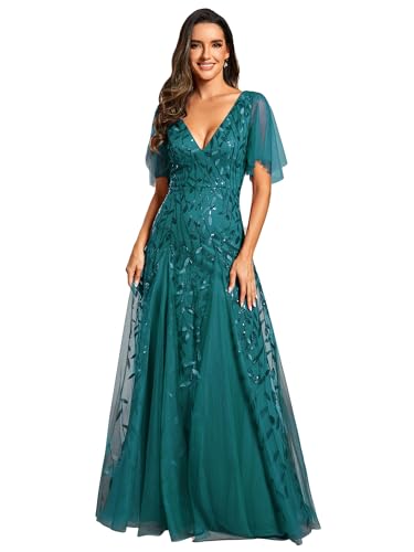 Ever-Pretty Damen A-Linie Abendkleider V-Ausschnitt Romantisches Kurze Ärmel Elegant Partykleid Lang Blaugrün 48 Ever-Pretty Damen A-Linie Abendkleider V-Ausschnitt Romantisches Kurze Ärmel Elegant Partykleid Lang Blaugrün 48 von Ever-Pretty