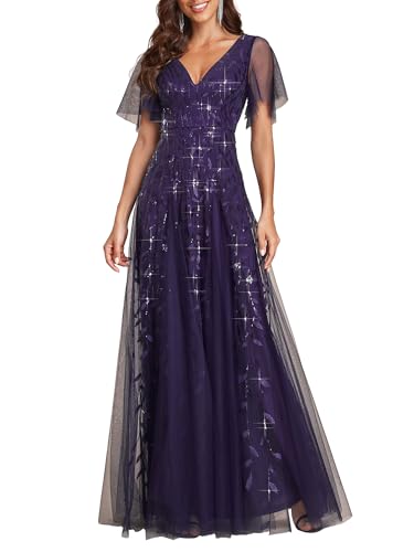 Ever-Pretty Damen A-Linie Abendkleider V-Ausschnitt Romantisches Kurze Ärmel Elegant Partykleid Lang Dunkelviolett 50 von Ever-Pretty