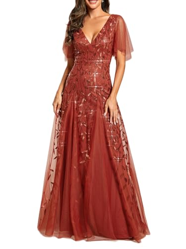 Ever-Pretty Damen A-Linie Abendkleider V-Ausschnitt Romantisches Kurze Ärmel Elegant Partykleid Lang Gebranntes Orange 48 von Ever-Pretty