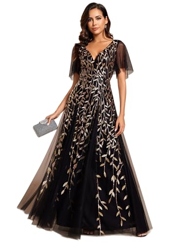 Ever-Pretty Damen A-Linie Abendkleider V-Ausschnitt Romantisches Kurze Ärmel Elegant Partykleid Lang Gold Schwarz 48 von Ever-Pretty