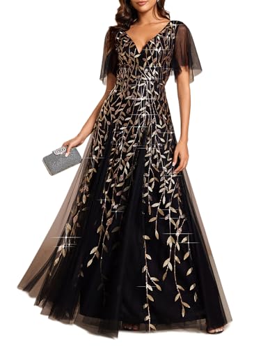 Ever-Pretty Damen A-Linie Abendkleider V-Ausschnitt Romantisches Kurze Ärmel Elegant Partykleid Lang Gold Schwarz 54 von Ever-Pretty