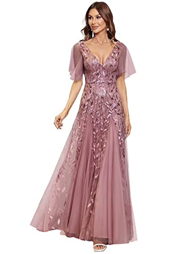 Ever-Pretty Damen A-Linie Abendkleider V-Ausschnitt Romantisches Kurze Ärmel Elegant Partykleid Lang Orchidee 50 von Ever-Pretty