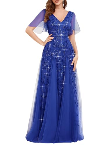 Ever-Pretty Damen A-Linie Abendkleider V-Ausschnitt Romantisches Kurze Ärmel Elegant Partykleid Lang Saphirblau 46 von Ever-Pretty