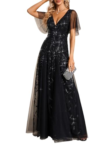 Ever-Pretty Damen A-Linie Abendkleider V-Ausschnitt Romantisches Kurze Ärmel Elegant Partykleid Lang Schwarz 48 von Ever-Pretty
