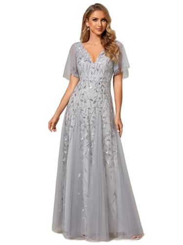 Ever-Pretty Damen A-Linie Abendkleider V-Ausschnitt Romantisches Kurze Ärmel Elegant Partykleid Lang Silber 48 von Ever-Pretty