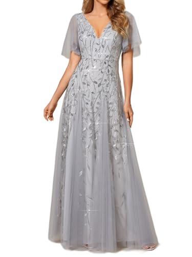 Ever-Pretty Damen A-Linie Abendkleider V-Ausschnitt Romantisches Kurze Ärmel Elegant Partykleid Lang Silber 50 von Ever-Pretty