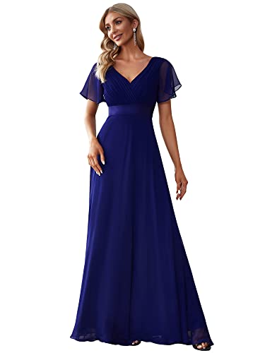 Ever-Pretty Damen A-Linie Chiffon Brautjungfernkleid V Ausschnitt Chiffon Hochzeit Bodenlang Abendkleid Königsblau 44EU von Ever-Pretty