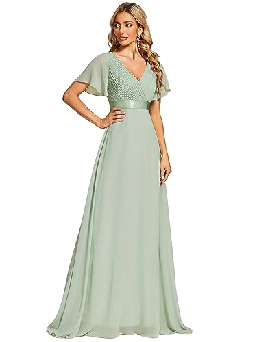 Ever-Pretty Damen A-Linie Chiffon Brautjungfernkleid V Ausschnitt Chiffon Hochzeit Bodenlang Abendkleid Minzgrün 58EU von Ever-Pretty