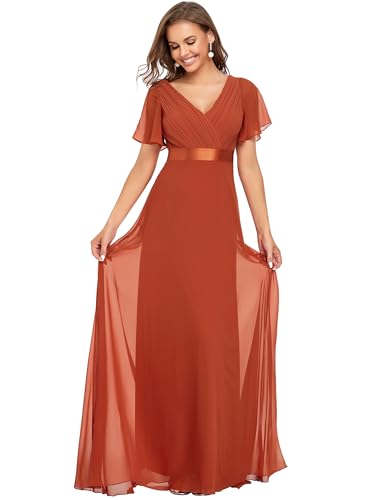 Ever-Pretty Damen A-Linie Chiffon Brautjungfernkleid V Ausschnitt Chiffon Hochzeit Bodenlang Abendkleid Orange 38EU von Ever-Pretty