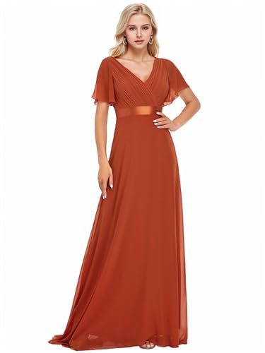 Ever-Pretty Damen A-Linie Chiffon Brautjungfernkleid V Ausschnitt Chiffon Hochzeit Bodenlang Abendkleid Orange 40EU von Ever-Pretty