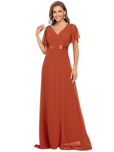Ever-Pretty Damen A-Linie Chiffon Brautjungfernkleid V Ausschnitt Chiffon Hochzeit Bodenlang Abendkleid Orange 46EU von Ever-Pretty