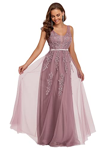 Ever-Pretty Damen Ärmellos Tüll A-Linie mit Applique Bodenlang Brautkleider Orchidee 38EU von Ever-Pretty