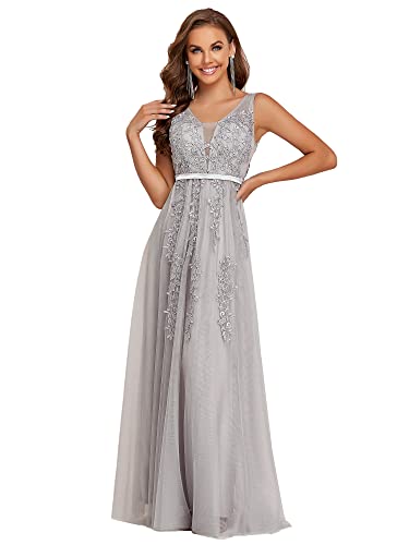 Ever-Pretty Damen Ärmellos Tüll A-Linie mit Applique Bodenlang Festliches Kleider Grey 44EU von Ever-Pretty