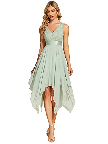 Ever-Pretty Damen Ärmellose V-Ausschnitt Empire A-Linie Spitze Chiffon Knielang Abendkleider mit Unregelmäßig Minzgrün 46EU von Ever-Pretty