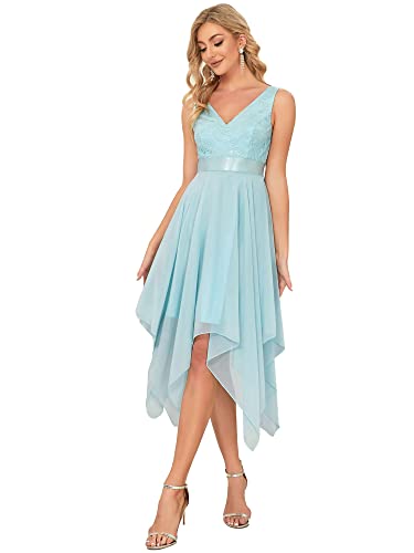 Ever-Pretty Damen Ärmellose V-Ausschnitt Empire A-Linie Spitze Chiffon Knielang Abendkleider mit Unregelmäßig Saum Blau 38EU von Ever-Pretty