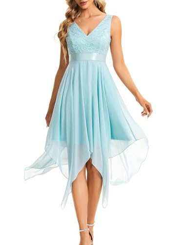 Ever-Pretty Damen Ärmellose V-Ausschnitt Empire A-Linie Spitze Chiffon Knielang Abendkleider mit Unregelmäßig Saum Blau 38EU von Ever-Pretty