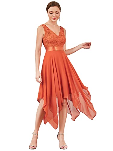 Ever-Pretty Damen Ärmellose V-Ausschnitt Empire A-Linie Spitze Chiffon Knielang Abendkleider mit Unregelmäßig Saum Gebranntes Orange 46EU von Ever-Pretty