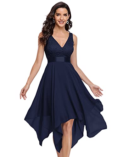 Ever-Pretty Damen Ärmellose V-Ausschnitt Empire A-Linie Spitze Chiffon Knielang Abendkleider mit Unregelmäßig Saum Navy Blau 38EU von Ever-Pretty