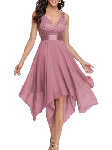 Ever-Pretty Damen Ärmellose V-Ausschnitt Empire A-Linie Spitze Chiffon Knielang Abendkleider mit Unregelmäßig Saum Orchidee 38EU von Ever-Pretty