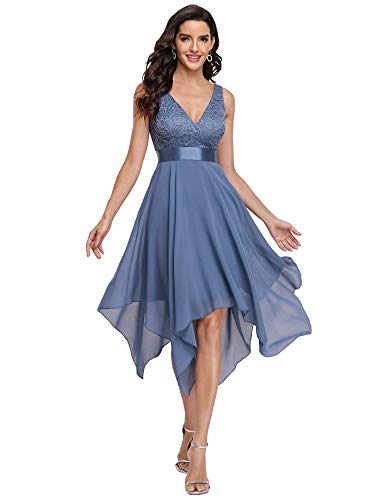 Ever-Pretty Damen Ärmellose V-Ausschnitt Empire A-Linie Spitze Chiffon Knielang Abendkleider mit Unregelmäßig Saum Staubige Marine 46EU von Ever-Pretty