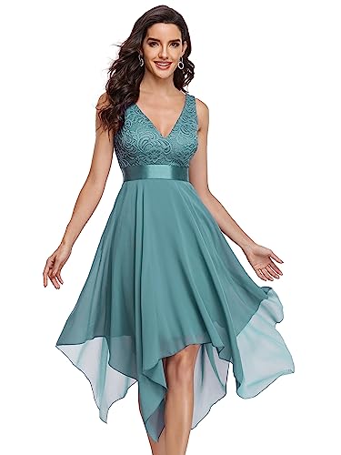 Ever-Pretty Damen Ärmellose V-Ausschnitt Empire A-Linie Spitze Chiffon Knielang Abendkleider mit Unregelmäßig Saum Staubiges Blau 38EU von Ever-Pretty