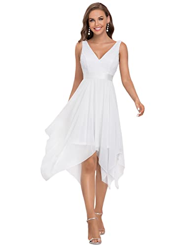 Ever-Pretty Damen Ärmellose V-Ausschnitt Empire A-Linie Spitze Chiffon Knielang Abendkleider mit Unregelmäßig Saum Weiß 46EU von Ever-Pretty