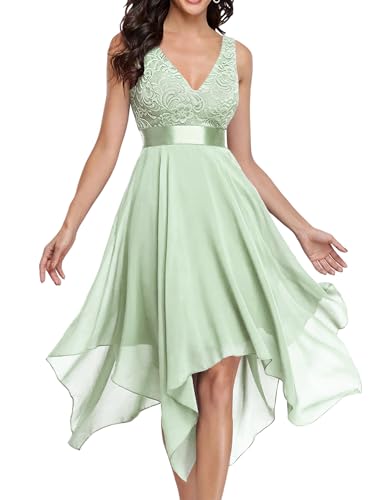 Ever-Pretty Damen Ärmellose V-Ausschnitt Empire A-Linie Spitze Chiffon Knielang Brautjungfernkleider Abendkleider mit Unregelmäßig Minzgrün 42EU von Ever-Pretty