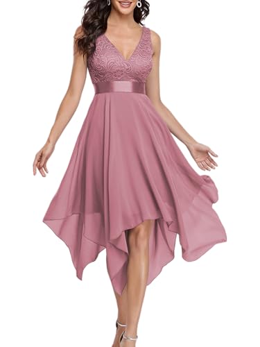 Ever-Pretty Damen Ärmellose V-Ausschnitt Empire A-Linie Spitze Chiffon Knielang Brautjungfernkleider Abendkleider mit Unregelmäßig Saum Orchidee 42EU von Ever-Pretty