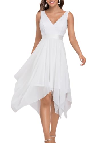 Ever-Pretty Damen Ärmellose V-Ausschnitt Empire A-Linie Spitze Chiffon Knielang Brautjungfernkleider Abendkleider mit Unregelmäßig Saum Weiß 52EU von Ever-Pretty