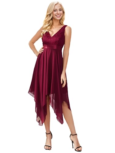 Ever-Pretty Damen Ärmellose V-Ausschnitt Empire A-Linie Spitze Chiffon Knielang Partykleider Abendkleider mit Unregelmäßig Saum Burgund 44EU von Ever-Pretty