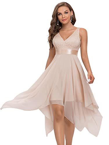 Ever-Pretty Damen Ärmellose V-Ausschnitt Empire A-Linie Spitze Chiffon Knielang Partykleider Abendkleider mit Unregelmäßig Saum Erröten 36EU von Ever-Pretty