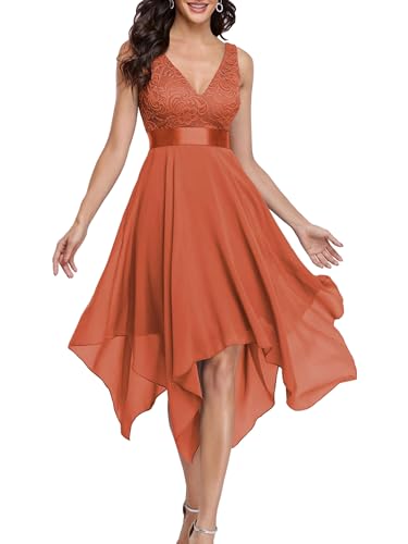 Ever-Pretty Damen Ärmellose V-Ausschnitt Empire A-Linie Spitze Chiffon Knielang Partykleider Abendkleider mit Unregelmäßig Saum Gebranntes Orange 44EU von Ever-Pretty