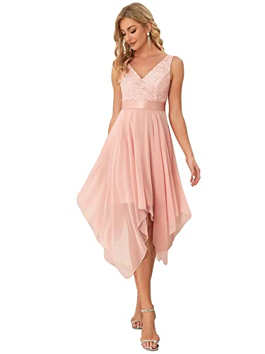 Ever-Pretty Damen Ärmellose V-Ausschnitt Empire A-Linie Spitze Chiffon Knielang Partykleider Abendkleider mit Unregelmäßig Saum Rosa 36EU von Ever-Pretty