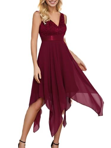 Ever-Pretty Damen Ärmellose V-Ausschnitt Empire A-Linie Spitze Chiffon Knielang Partykleider Cocktailkleider mit Unregelmäßig Saum Burgund 40EU von Ever-Pretty