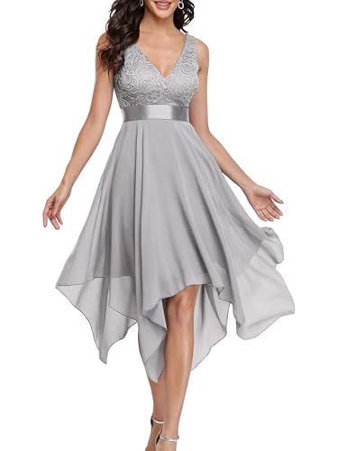 Ever-Pretty Damen Ärmellose V-Ausschnitt Empire A-Linie Spitze Chiffon Knielang Partykleider Cocktailkleider mit Unregelmäßig Saum Grau 40EU von Ever-Pretty